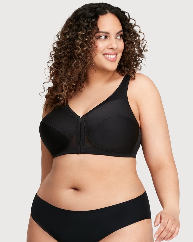 Front of a model wearing a size 40B MagicLift Front-Closure Posture Back Bra Band | 40 in Black by Glamorise. | dia_product_style_image_id:262923